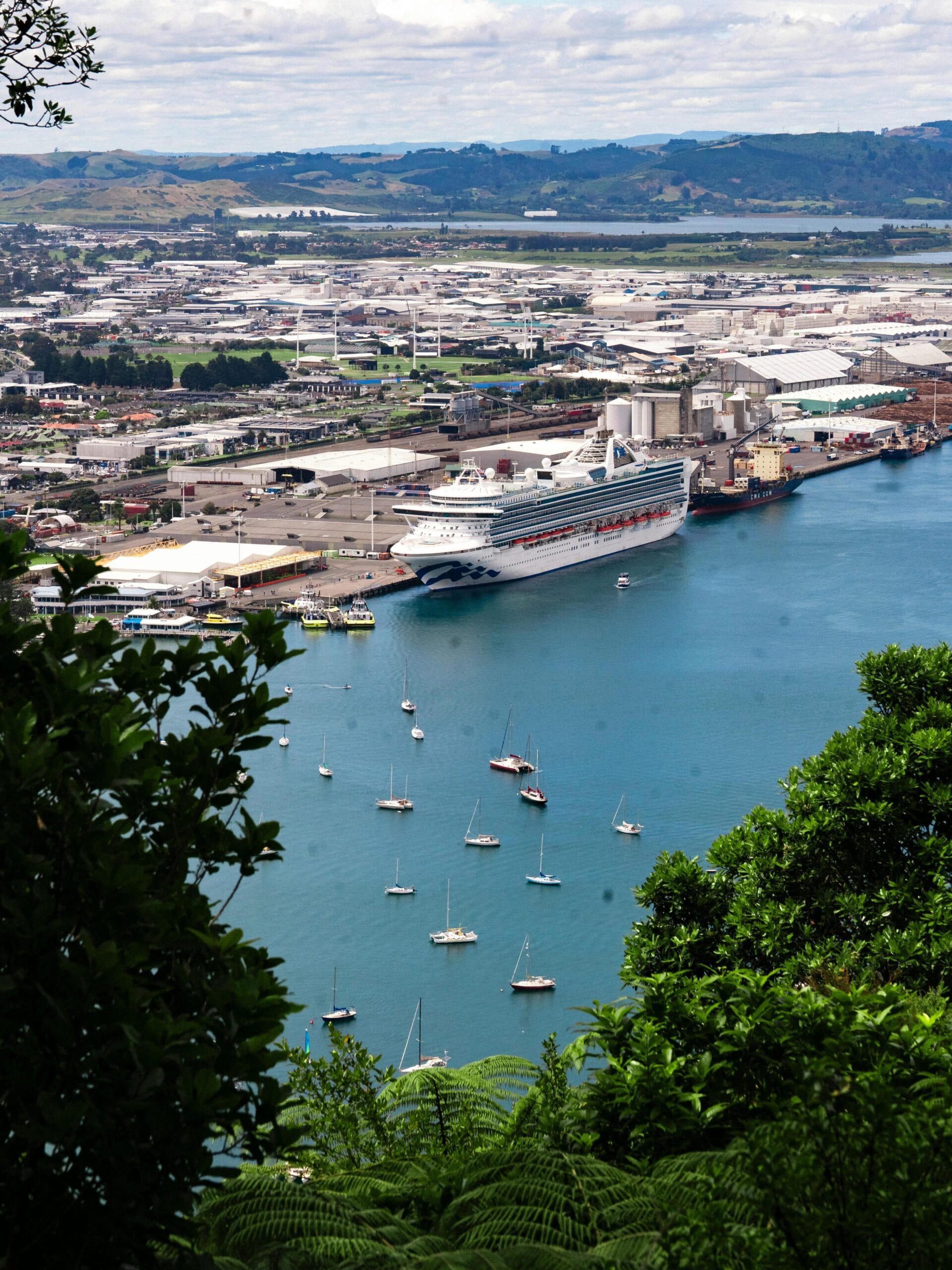 A stunning aerial view of a harbor with a cruise ship docked, surrounded by a vibrant cityscape and lush greenery.